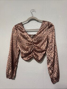 Feathers Satin Leopard Print Ruched Crop Top Blouse Pink